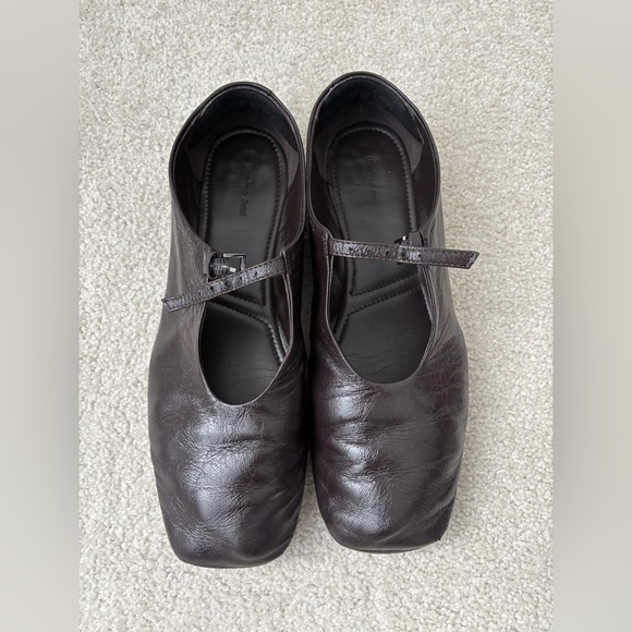 Massimo Dutti Dark Brown Leather Mary Jane Flats Square Toe Minimalist Shoe - Picture 2 of 11